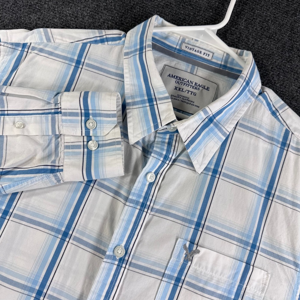 American Eagle Button Down Mens XXL 2XL Blue Plaid Vintage Fit Long Sleeve Shirt